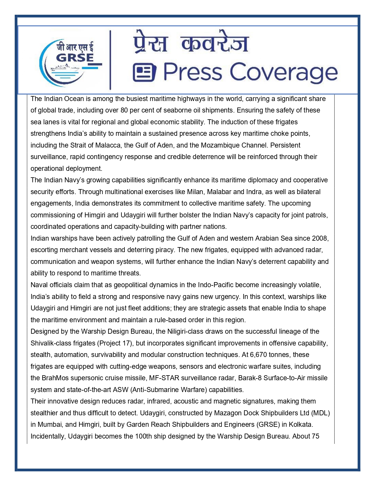 Press Coverage : 27 Aug 25:Defence Ministers commissions two multi-mission stealth frigates, INS Udaygiri and INS Himigiri